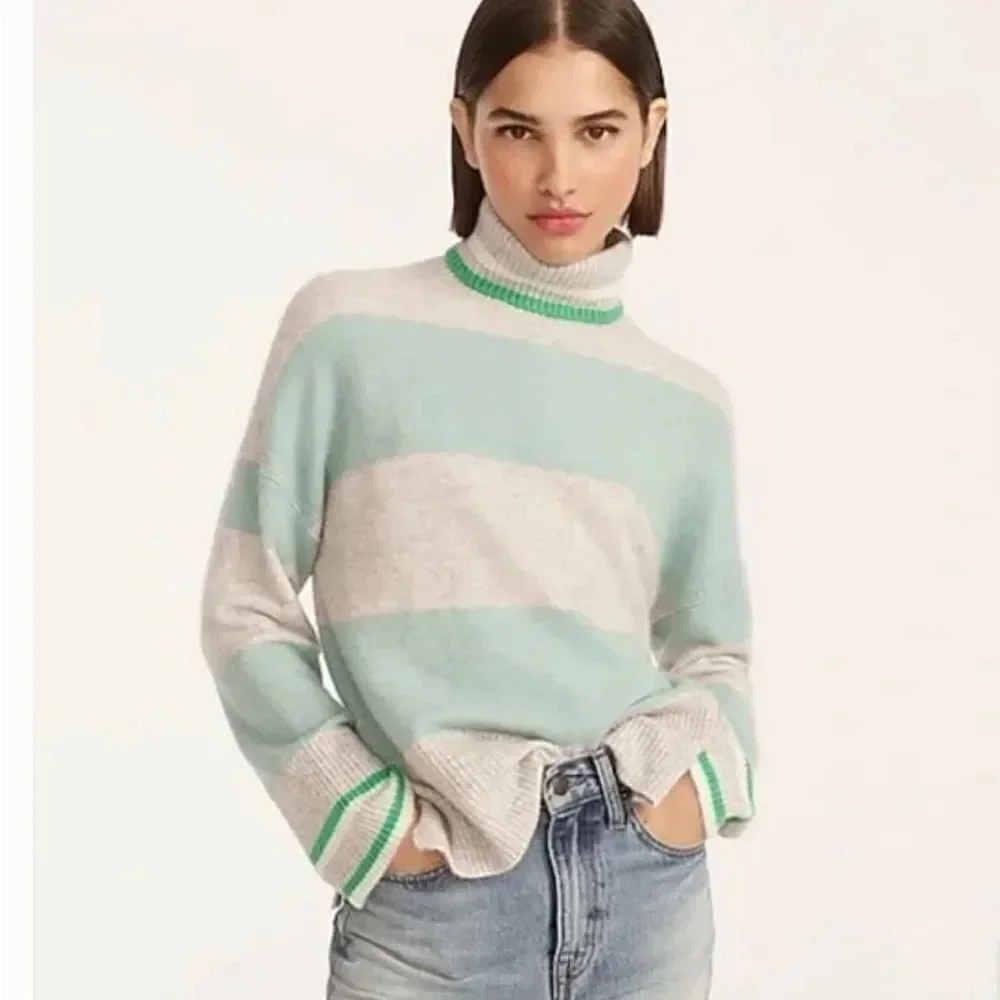 NWT J. Crew Striped Turtleneck Sweater Supersoft Yarn Gray/Blue